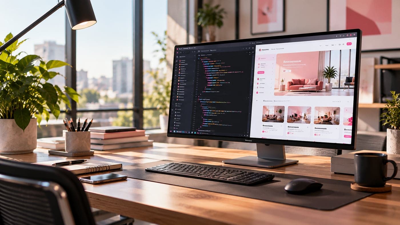 A designer’s workstation showing code and a live product dashboard